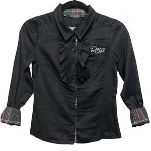 Coogi Girls Youth M‎ 8/10 Black Shirt Ruffle Front Plaid Embroidered Logo Y2K